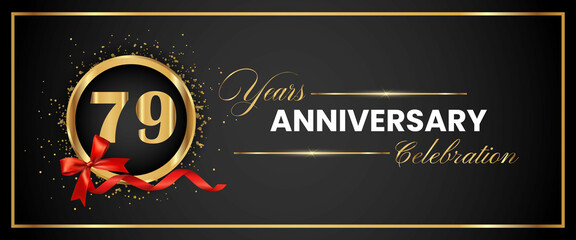 79 Years Anniversary Celebration Gold and Black Color Vector. anniversary celebration logotype with elegant modern number gold color for celebration, gold anniversary celebration, bow, ribbon, luxury.