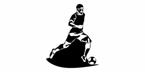 Football, soccer player kicking ball, side view. Isolated vector black and white one continuous line silhouette. Silhщuette of football or soccer defender, striker or goalkeeper. Vector clipart 