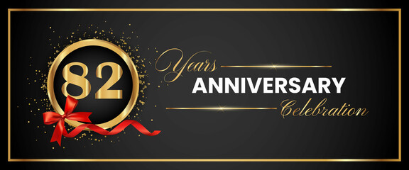 82 Years Anniversary Celebration Gold and Black Color Vector. anniversary celebration logotype with elegant modern number gold color for celebration, gold anniversary celebration, bow, ribbon, luxury.