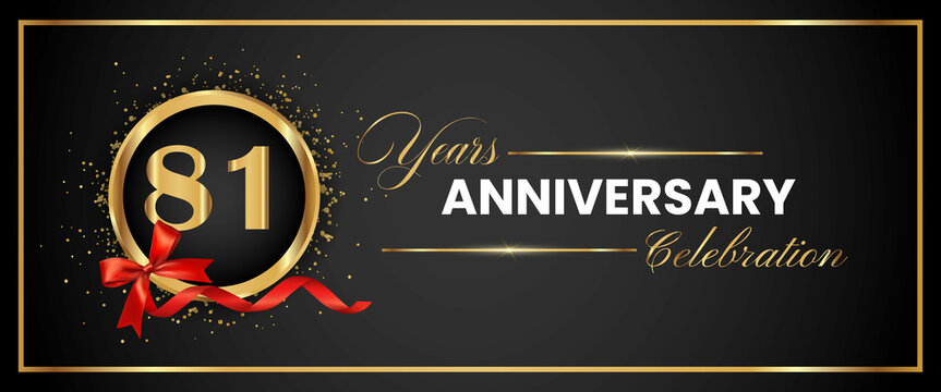 81 Years Anniversary Celebration Gold and Black Color Vector. anniversary celebration logotype with elegant modern number gold color for celebration, gold anniversary celebration, bow, ribbon, luxury.