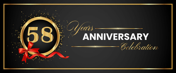58 Years Anniversary Celebration Gold and Black Color Vector. anniversary celebration logotype with elegant modern number gold color for celebration, gold anniversary celebration, bow, ribbon, luxury.