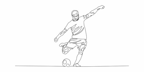Football, soccer player kicking ball, side view. Isolated vector black and white one continuous line silhouette. Silhщuette of football or soccer defender, striker or goalkeeper. Vector clipart 