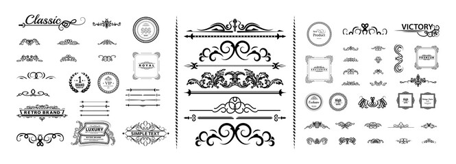 Vintage set decor elements for wedding cards, decorating valentines, vector framing title of different printed products. Vintage patterns, frames and weaves on a white background. Round business icons