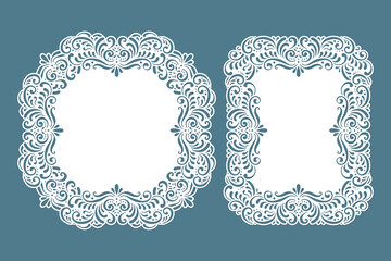 Lace frames set, paper doily laser cut templates, decor elements isolated, vector.