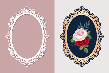 Lace oval frame cut template, Vintage background with rose flower in an openwork frame, vector. - obrazy, fototapety, plakaty