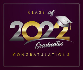 Celebration of class off event. 2022 shiny number with graduating hat. Diploma title or cover. Silver and gold icon. Banner concept. Isolated abstract graphic design template. Calligraphic lettering. © koltukovs