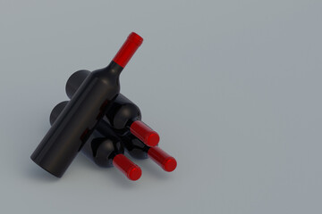 Unlabeled bottles of luxury wine on gray background. Copy space. 3d render