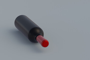 One blank wine bottle on gray background. Copy space. 3d render