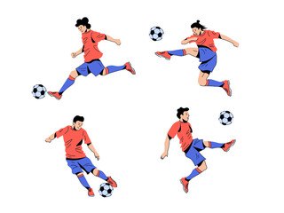Set of different football, soccer players. Defender, forward kicking the ball in the air, dribbling, striking penalty. Minimalistic characters with black solid shadows.