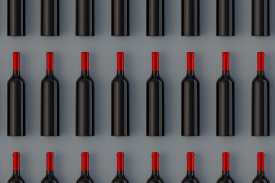 Rows of blank wine bottles on gray background. Top view. 3d render