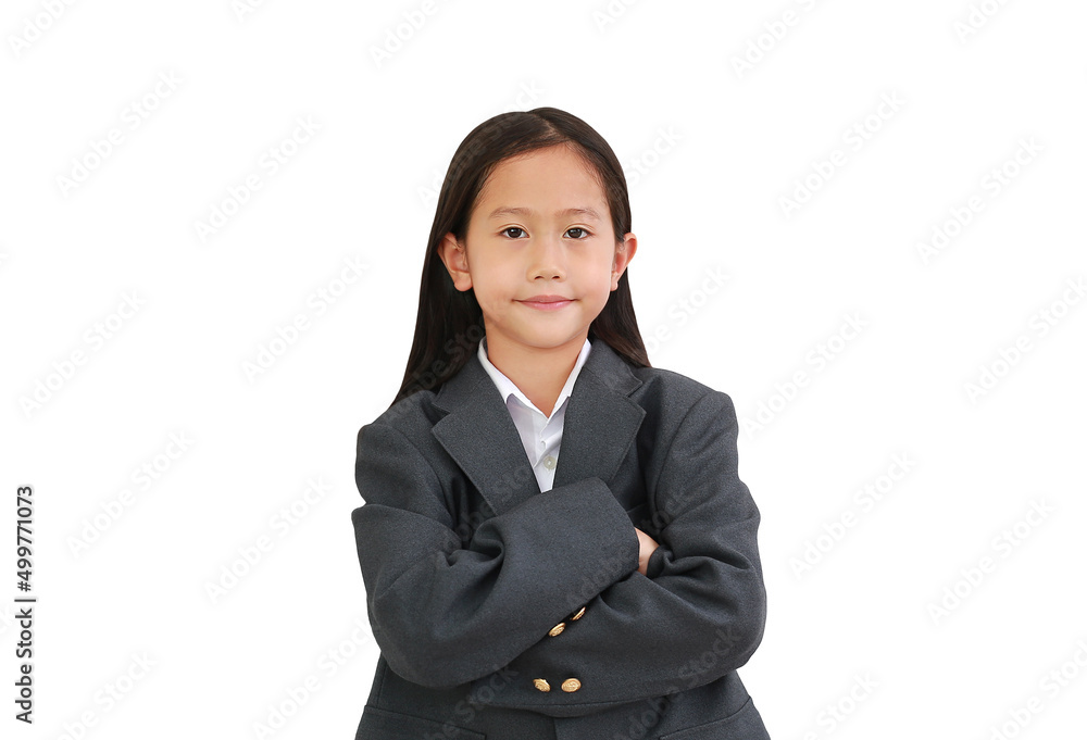 Wall mural smiling asian little girl kid wear formalwear shirt, business suit wearing and keep arms crossed loo