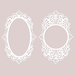 Laser cut lace frames set, photo or picture frame templates, decor elements isolated, vector. - obrazy, fototapety, plakaty
