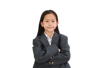 Smiling Asian little girl kid wear formalwear shirt, business suit wearing and keep arms crossed looking at camera on white background, Image with Clipping path