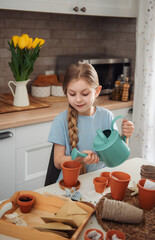 Little girl sitting at the table at home, sowing seeds into flower pots.