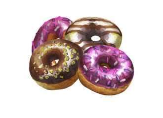 Watercolor drawing many sweet donuts with frosting