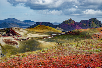 Colorful Icelandic rainbow volcanic Landmannalaugar mountains at famous Laugavegur hiking trail in...