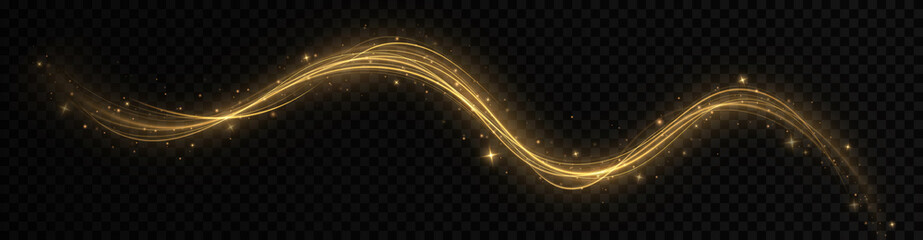 Golden sparkling light trail. Magic light trail of glittering comet tail. Shimmering golden wave with glitter. - obrazy, fototapety, plakaty