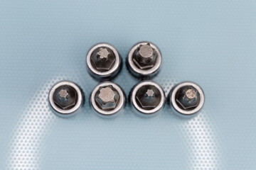 Set of interchangeable torx bits for screwdriver, top view close-up