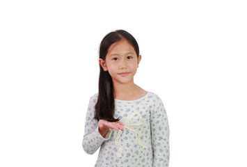 Beautiful Asian young girl kid with hand holding long black hair and looking at camera isolated on white background.