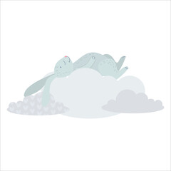 Cute Rabbit is sleeping on a cloud. A gray bunny is hiding among the clouds. Balloons and airship. Children's illustration, Cute print, vector. Isolated on a white background.