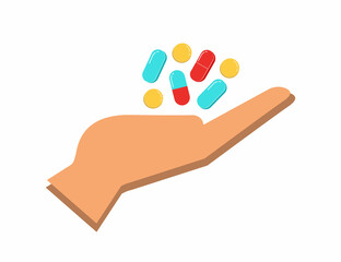 Hand holding pills. Colorful pills, drugs, vitamins in man's hand. Healthcare, coronavirus and medicine concept. Hand-drawn modern vector illustration for web banner, card design.