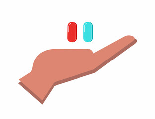 Hand with red and blue pills. Choice metaphor. Flat style concept vector illustration isolated on white. Capsule pill in human hand. Red and blue pill in hand. Choosing tablet