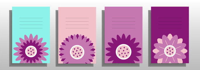 Set of 4 copybook or notebook covers with big flowers. Purple, blue, peach and violet colors. Vector design.
