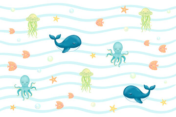 Fototapeta premium Baby blanket design ,whale, octopus, jellyfish, fish, stars. WWhite background.