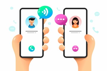Smartphone mockup in human hand. Calls to each other. Contacting someone. Messaging. Vector colorful social media illustration. Instagram, Whatsapp, Skype