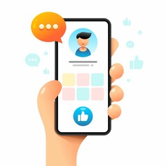 Smartphone mockup in human hand. Profile page with Like button. Vector colorful social media illustration. Instagram, Whatsapp, Skype