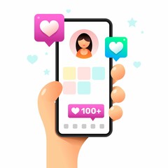 Smartphone mockup in human hand. Profile screen with a lot of likes. Vector colorful social media illustration. Instagram, Whatsapp, Skype