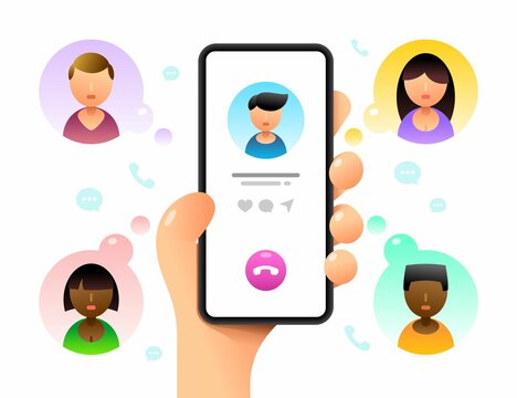 Smartphone mockup in human hand. Conference call. Calls to a lot of contatcs. Vector colorful social media illustration. Instagram, Whatsapp, Skype
