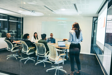 Fototapeta premium Businesswoman giving a presentation to her colleagues in an office