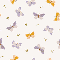 Fototapeta na wymiar Seamless pattern of different butterfly with leaves. Hand-drawn vector insects, isolated on beige background. Spring season concept, Easter, nature.