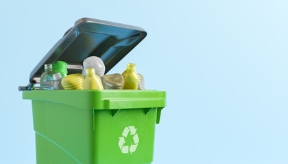 Recycling bin with plastic litter - obrazy, fototapety, plakaty