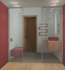Minimalist bathroom in red and wooden tones, view from inside the large shower with tiles and spotlight, washbasin with mirror, ceramic toilet and bidet. Modern interior design