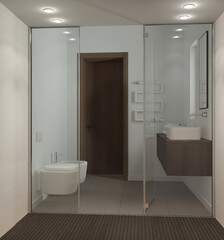 Minimalist bathroom in dark and wooden tones, view from inside the large shower with tiles and spotlight, washbasin with mirror, ceramic toilet and bidet. Modern interior design