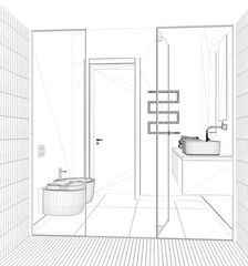 Blueprint project draft, minimalist bathroom, view from inside the large shower with tiles and spotlight, washbasin with mirror, ceramic toilet and bidet. Modern interior design
