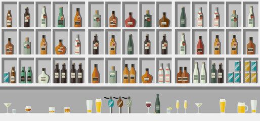 Shelves of alcohol behind the bar. The interior of a wine shop.
