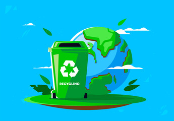 vector illustration of a trash can on a background of green leaves with planet earth, environmental protection, garbage sorting
