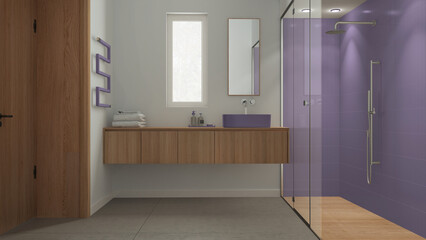 Minimalist bathroom in purple and wooden tones, concrete tiles floor, large shower with tiles and spotlight, washbasin with mirror and accessories, towel rack. Modern interior design