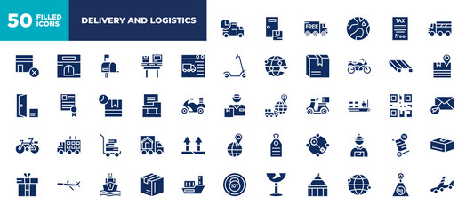 set of 50 glyph delivery and logistics icons. editable filled icons such as delivery time, delivery by website, dossier, package on trolley, supply chain, package, weight vector illustration.