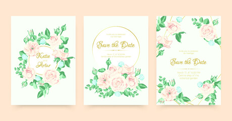 Wedding Card. Engagement Invitation with Elegant Roses. Spring Leaf Border. Wedding Card Set. Vintage Marriage Poster. Rsvp Cover with Flowers. Rustic Leaves. Botanical Wedding Card.