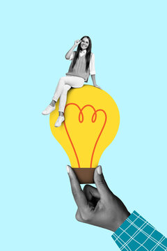Retro artwork graphics of manager lady sit huge bulb find brilliant company suggestion isolated blue color background