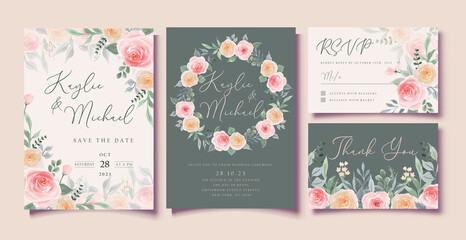 Fototapeta na wymiar Watercolor Rose Flower Wedding Invitation Card 