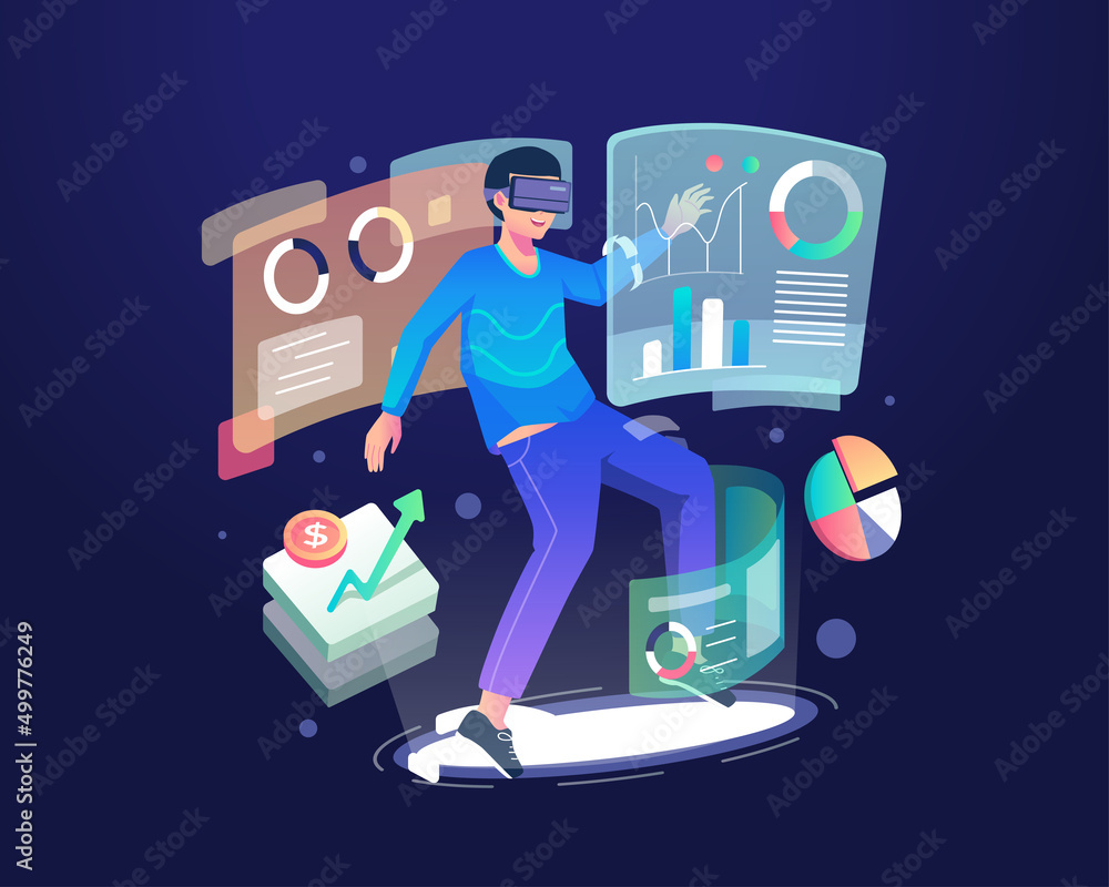 Aufkleber a young man wearing a virtual reality headset interacts with data graph charts and analysis screen d