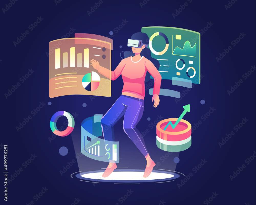 Poster a woman wearing a virtual reality headset interacts with data graph charts and analysis screen dashb