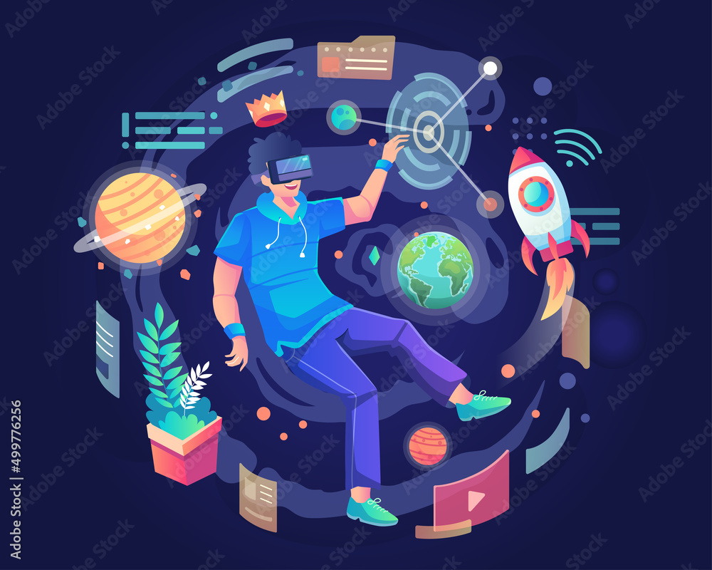 Poster a man wearing a vr headset floating in cyberspace. simulation of the virtual digital world for enter