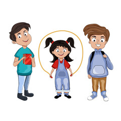 A company of children are going to study. Vector stock illustration. White background. School. Isolated