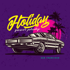 Original vector illustration in vintage style. Vintage car,palm trees, sun on a purple background. T-shirt design.